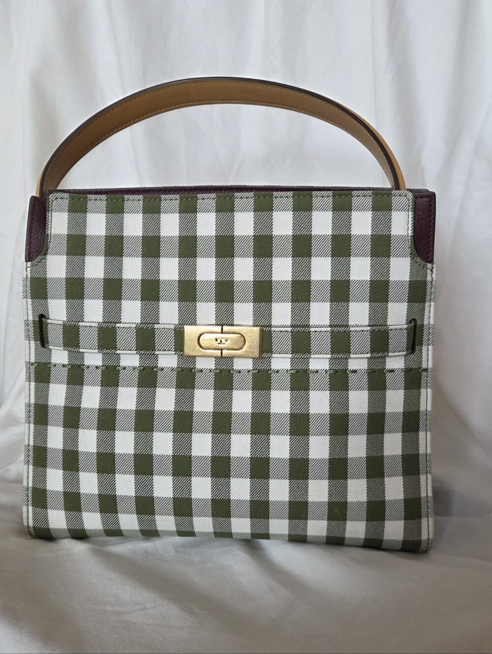 Tory Burch Green Gingham Leather Top-Handle Shoulder Bag